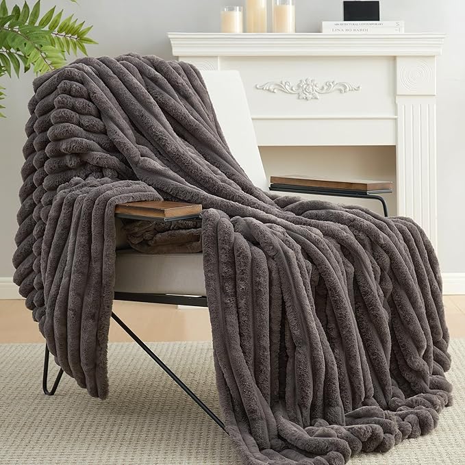 Amélie Home Faux Fur Throw Blanket for Couch, Cozy Fuzzy Fluffy Fur Luxurious Soft Striped Plush Gift Blankets for Family Sofa Chair Bedroom, 60"x80", Charcoal Grey