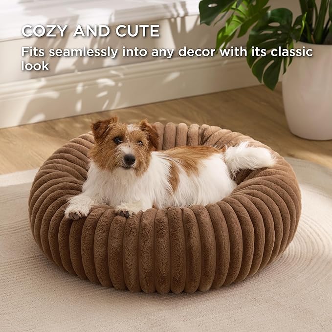 Bedsure Donut Small Dog Bed - Dog Beds for Small Dogs with Corduroy Fleece & Anti Slip Bottom, Round Faux Fur Pet Beds with Washable Removable Cover, Camel Brown, 27x27x8 inches