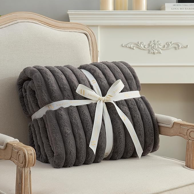 Amélie Home Faux Fur Throw Blanket for Couch, Cozy Fuzzy Fluffy Fur Luxurious Soft Striped Plush Gift Blankets for Family Sofa Chair Bedroom, 60"x80", Charcoal Grey