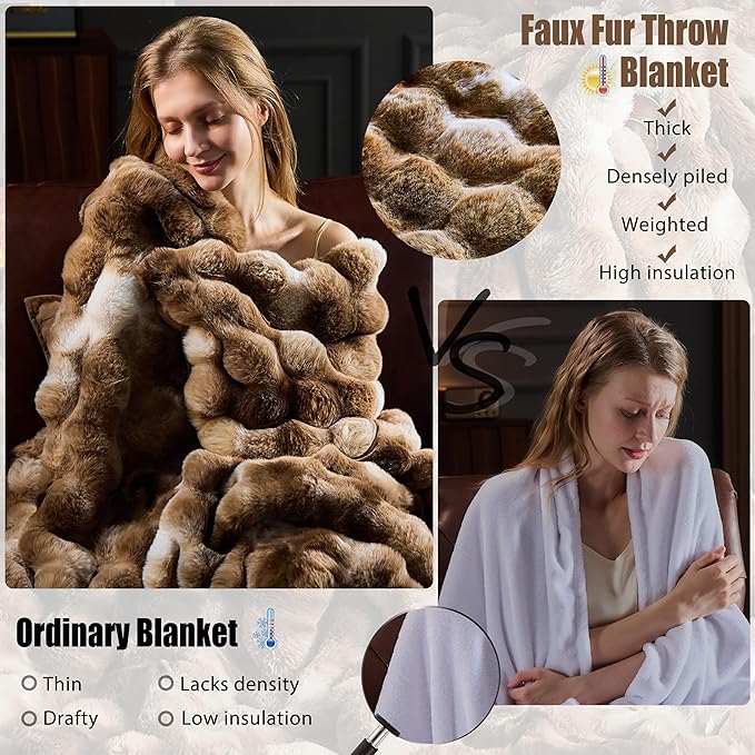 Faux Fur Throw Blanket for Couch, Fluffy Fuzzy Plush Bubble Blanket, Soft Warm Cozy Shaggy Rabbit Blanket, Luxury Decorative Gifts for Sofa Bedroom Living Room, 90x90inch (Tie-Dye-Brown)