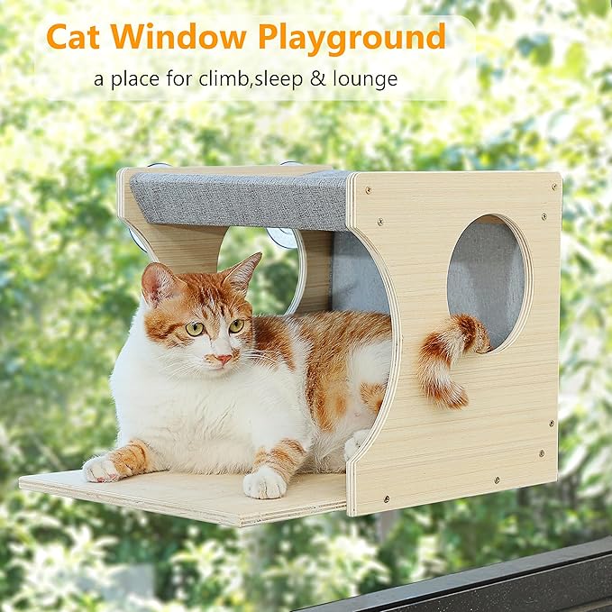 Window Cat Perch Shelves for Inside, Sturdy Wood Climbing Seat Mounted with Heavy Duty Suction Cups, Corner Window Bed for Overlooking and Sleeping(Left)
