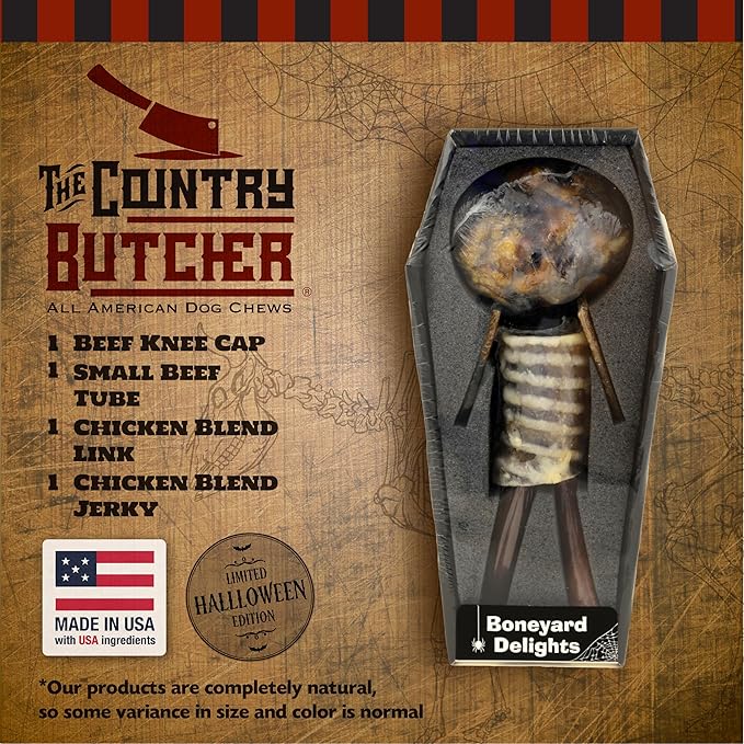 RIP Variety Coffin Box containing 1 Knee Cap, 1 Small Beef Tube, 2 pcs Chicken Blend Links, 2 pcs Chicken Blend Jerky (4.2oz/119.07g)
