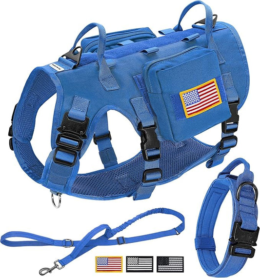 Forestpaw Tactical Dog Harness for Large Dogs,Tactical Dog Collar with Bungee Leash Set,No Pull Military Dog Harness for Walking Training,Adjustable for Medium Large Dogs,Blue,Chest 15.5-25.5"