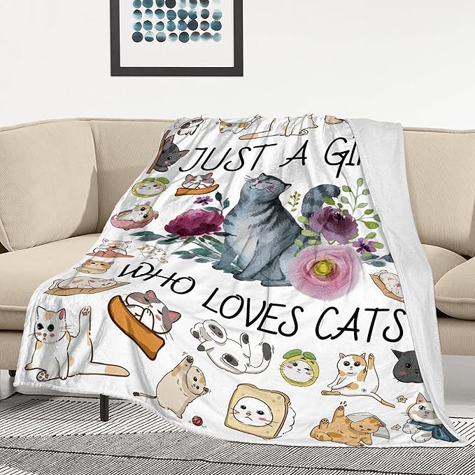 Cat Blanket Ultra Soft Flannel Throw Blanket Just a Girl Who Loves Cats Blankets Cats Gifts for Cat Lovers Cozy Lightweight Blankets for Women Kids Adults 60"X 50"