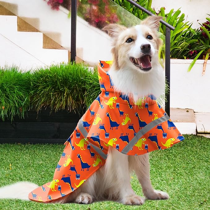 NACOCO Large Dog Raincoat Adjustable - Pet Dinosaurs Water Proof Clothes Lightweight Rain Jacket Poncho Hoodies with Strip Reflective Blue (XXXL, Orange Dinosaur)