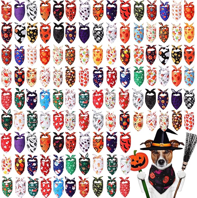 Sanwuta 120 Pcs Halloween Dog Bandanas Bulk Holiday Pumpkin Ghost Pet Dog Bandanas Thanksgiving Adjustable for Scarf Bibs Kerchief Triangle Set for Halloween Thanksgiving Christmas Pet Costume