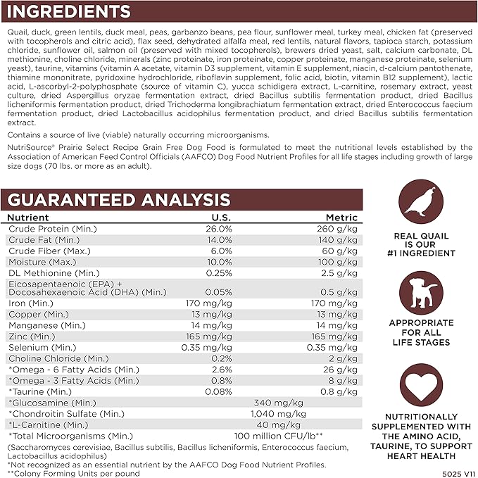 NutriSource Prairie Select Grain Free Dry Dog Food, Quail and Duck, 26LB