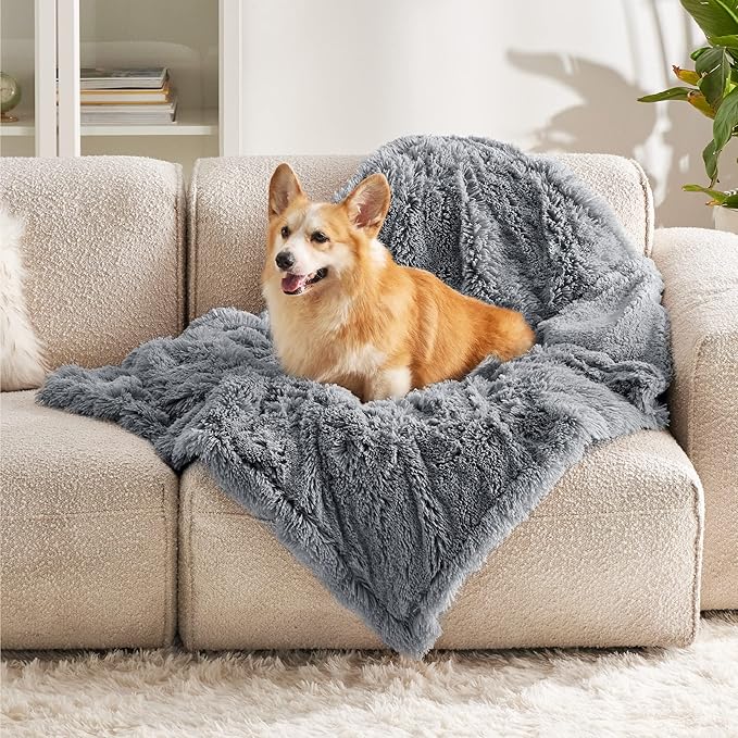 Bedsure Waterproof Dog Blankets for Medium Dogs Washable - Cat Blanket for Couch Protector Long Faux Fur, Calming Soft Reversible Throw Furniture Protection for Puppy Pet, 30"x40", Grey