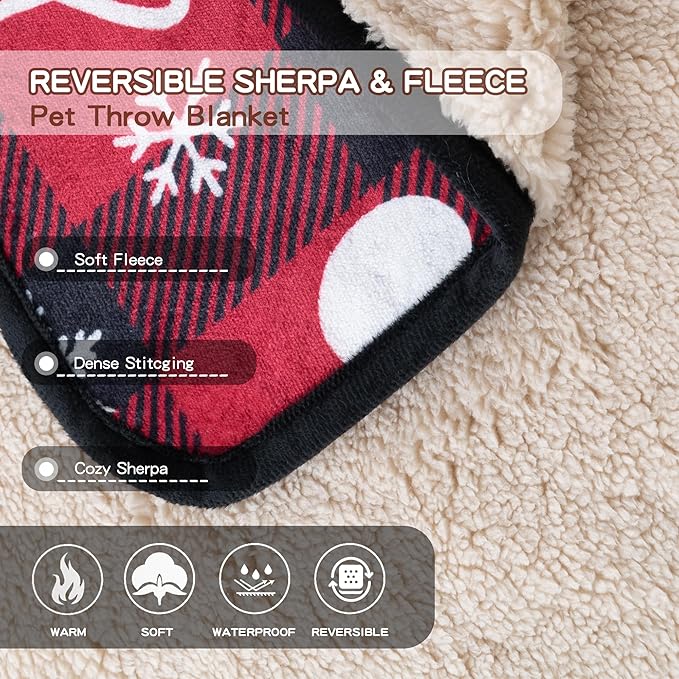 Waterproof Dog Blankets Pet Blanket 50"x60", Soft Fluffy Sofa Car Bed Protector, Reversible Sherpa Fleece Dog Blanket for Large Dogs Christmas Decor(Snow Red)