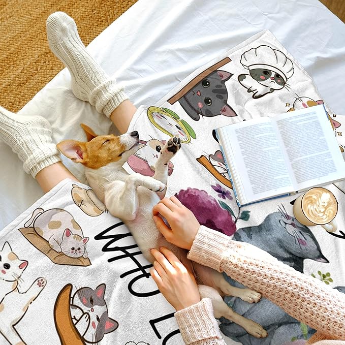 Cat Blanket Ultra Soft Flannel Throw Blanket Just a Girl Who Loves Cats Blankets Cats Gifts for Cat Lovers Cozy Lightweight Blankets for Women Kids Adults 60"X 50"
