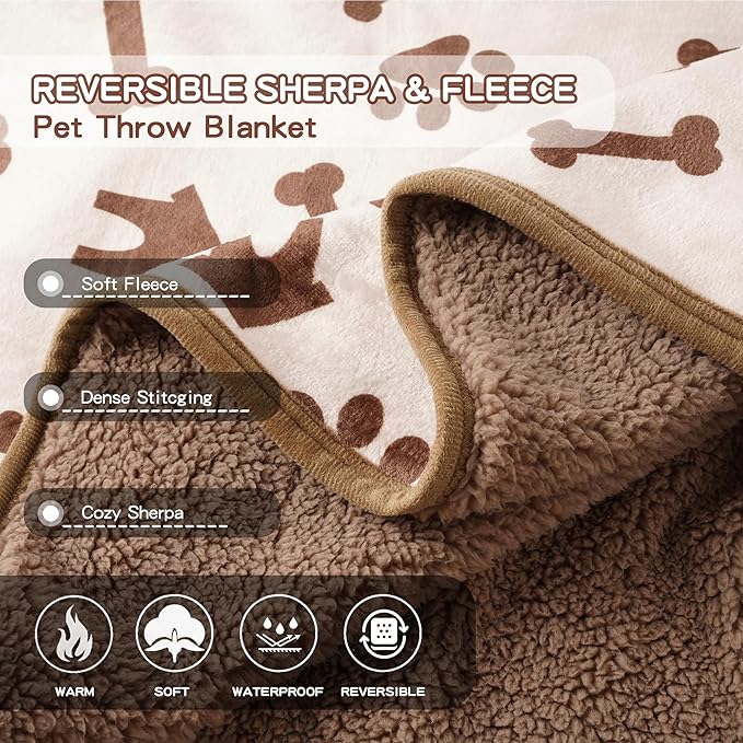 Waterproof Dog Blankets Pet Blanket, 30"x40" Cat Blanket for Indoor Cats, Soft Fluffy Sofa Car Bed Protector, Reversible Sherpa Fleece Puppy Blanket for Small Medium Dogs (Beige-House)