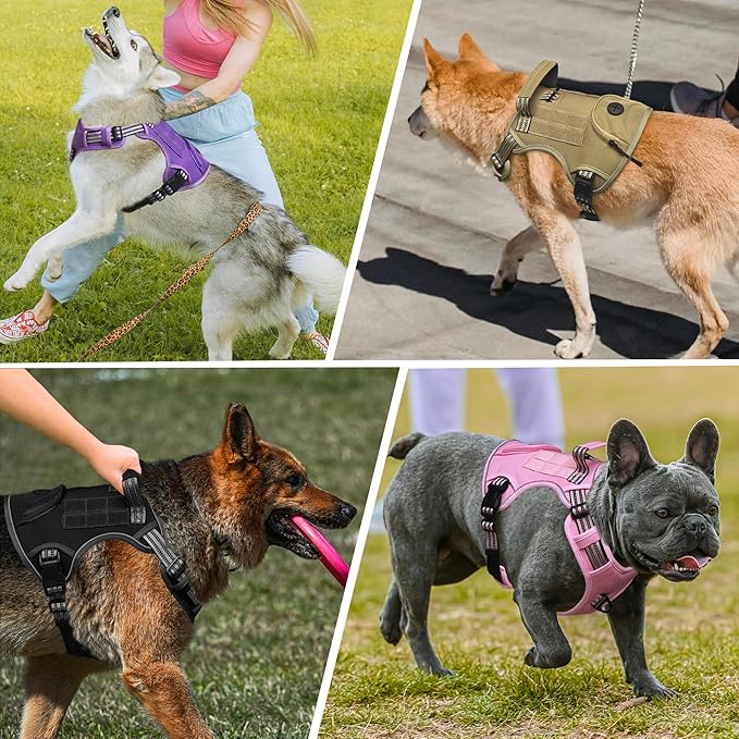 Heavy Duty Tactical Dog Harness for Large Dogs, Adjustable Reflective Service Vest with Control Handle & 4 Patches, No Pull Soft Padded Military Pet Harness for Training Walking Hiking (Pink, M)