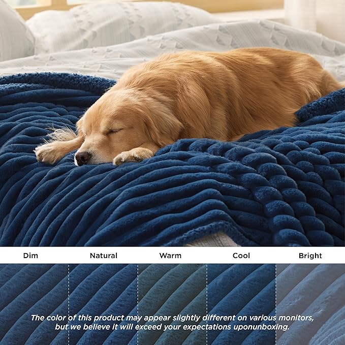 Bedsure Waterproof Dog Blankets for Large Dogs - Soft Pet Cat Blanket Corduroy Fleece for Couch Bed Protector Washable, Cozy Calming Reversible Furniture Protection for Puppy,50"x60", Navy Blue
