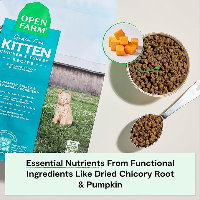 Open Farm, Grain Free Dry Kitten Food, Nutrient Dense Kibble with Protein, Vitamin A, Taurine, Naturally Occurring Fibers & Prebiotics, Homestead Turkey & Chicken Recipe for Kittens, 4lb Bag