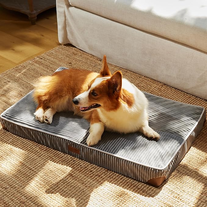 FUKUMARU Dog Bed, Plush Corduroy Orthopedic Dog Beds with Washable Cover, Large Waterproof Dogs Bed for Crate, Egg Crate Foam Support Pet Mat, Cozy Pet Bed Mat with Anti-Slip Bottom, Grey