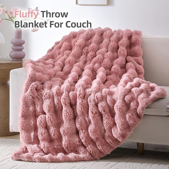 Smoofy Faux Fur Throw Blanket for Couch – Old Pink Fluffy Cozy Rabbit Fleece, Plush Soft Bubble Blanket for Sofa & Bed, for Mom, Warm Fuzzy Home Room Decor Throw 60" x 80"