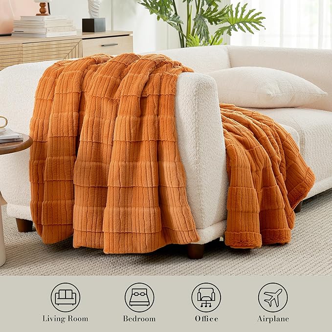 Amélie Home Luxury Striped Faux Fur Throw Blanket for Couch, Soft Cozy Fuzzy Fluffy Soft Plush Blankets Sofa Chair Gift Blankets for Women, 60"x80", Brown