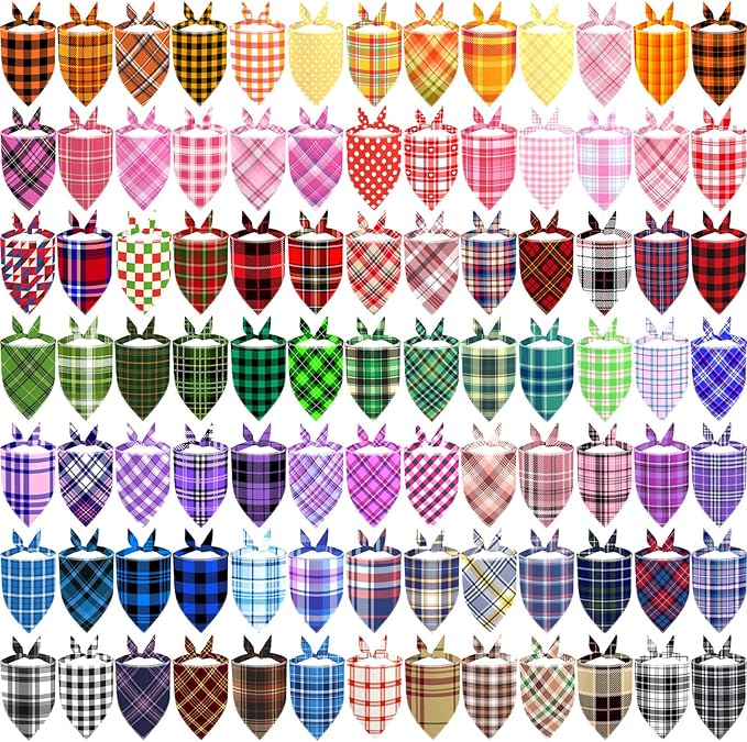 XPUDAC 100 Pack Plaid Dog Bandanas Bulk Dog Bandana for Dogs Scarfs Bib Washable Adjustable Kerchief for Small Medium Large Dogs Cats Christmas Birthday Holiday Pet Accessories