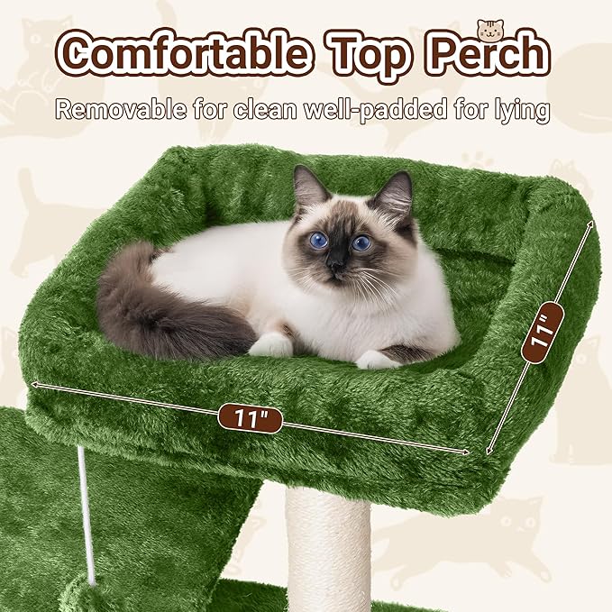 Cat Tree, 54-Inch Cat Tower for Indoor Cats,Plush Multi-Level Cat Condo with Scratching Posts, Basket, Perches,2 Caves,2 Pompoms(Green)