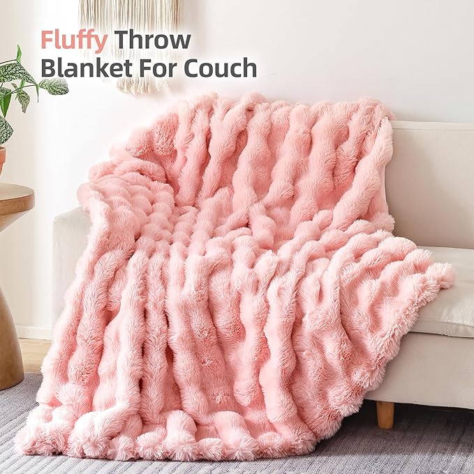Smoofy Faux Fur Blanket Rabbit Fleece - Blush Pink Fluffy Blanket for Sofa, Cozy Soft Plush Throw Blanket for Couch Bed, Luxury Thick Fuzzy Couch Blanket for Winter, Comfy Bubble Blanket - 60" x 80"