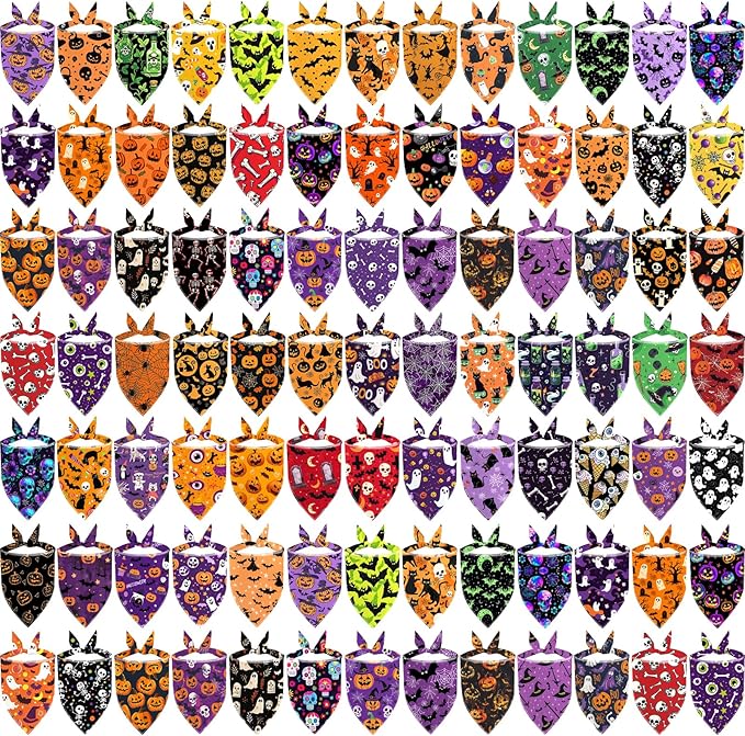 XPUDAC 100 Pieces Halloween Dog Bandanas, Dog Bandanas Bulk Bib Washable Adjustable Hankerchief for Small Medium Dogs Holiday Halloween Pet Costume Accessories