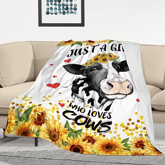 Cow Blanket Sunflower Cow Soft Cozy Flannel Throw Blanket Just a Girl Who Loves Cow Blankets Gifts for Women Kids Adults Teen 50"X 40"