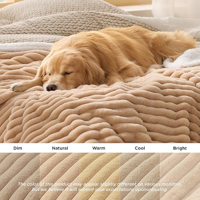 Bedsure Waterproof Dog Blankets for Large Dogs - Soft Pet Cat Blanket Corduroy Fleece for Bed Protector Washable, Cozy Calming Reversible Furniture Protection for Puppy,60"x80", Tuscan Beige