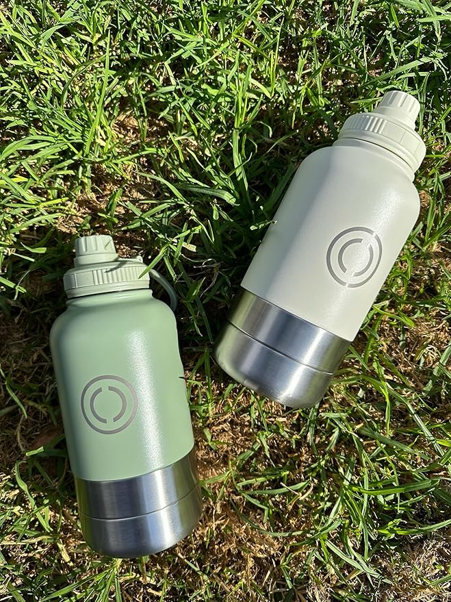 OSC Insulated Water Bottle with Detachable Travel Bowls for Pets & Humans - Leak-Proof 32oz Water Bottle for Dog Walking, Hiking, Camping, Gym & Outdoor Adventures (Moss, 32oz)