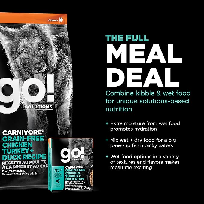 Go! Solutions Carnivore, Grain-Free, Protein Rich Dry Dog Food, Chicken, Turkey and Duck Adult Recipe, 12 lb Bag