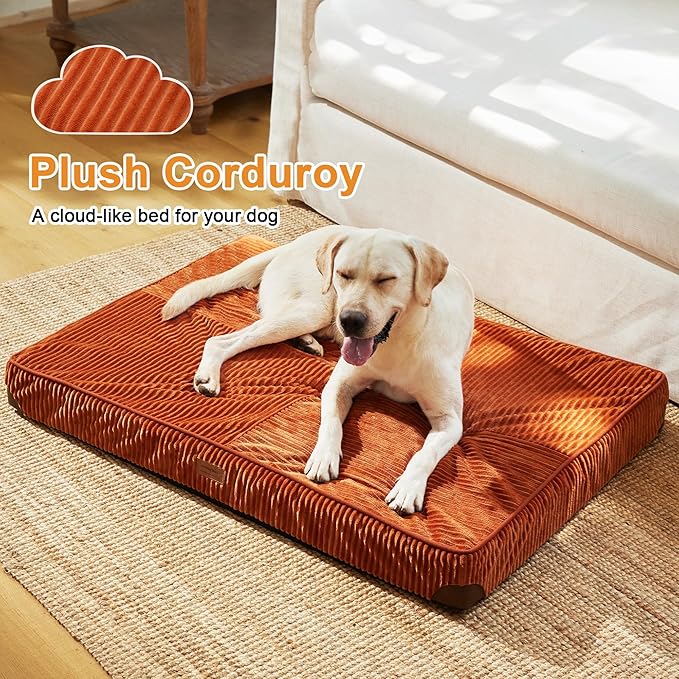 FFUKUMARU Dog Bed, Plush Corduroy Orthopedic Dog Beds with Removable Washable Cover, XL Waterproof Dogs Bed for Crate, Egg Crate Foam Support Pet Mat, Cozy Pet Bed Mat with Anti-Slip Bottom, Orange