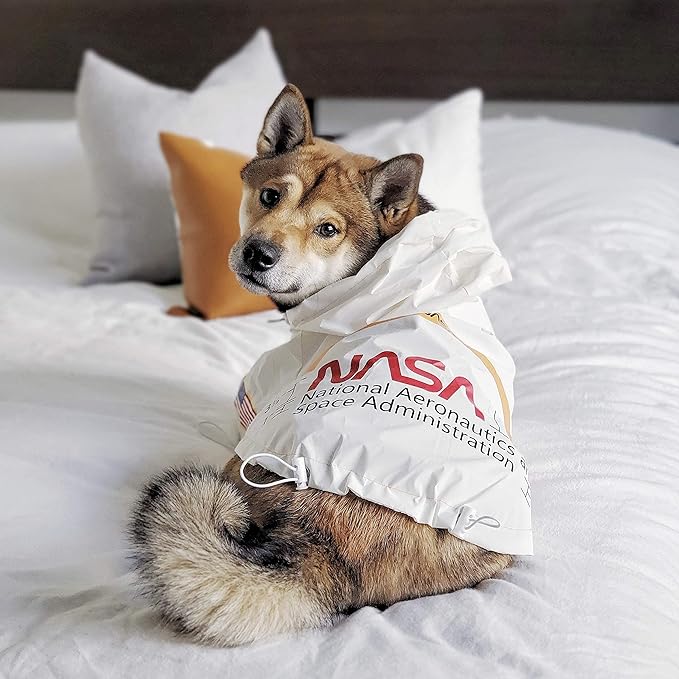 ChoChoCho NASA Dog Rain Jacket, Reflective Water Proof Jacket, Cat & Puppy Stylish Streetwear Outfit - White, L (Medium)