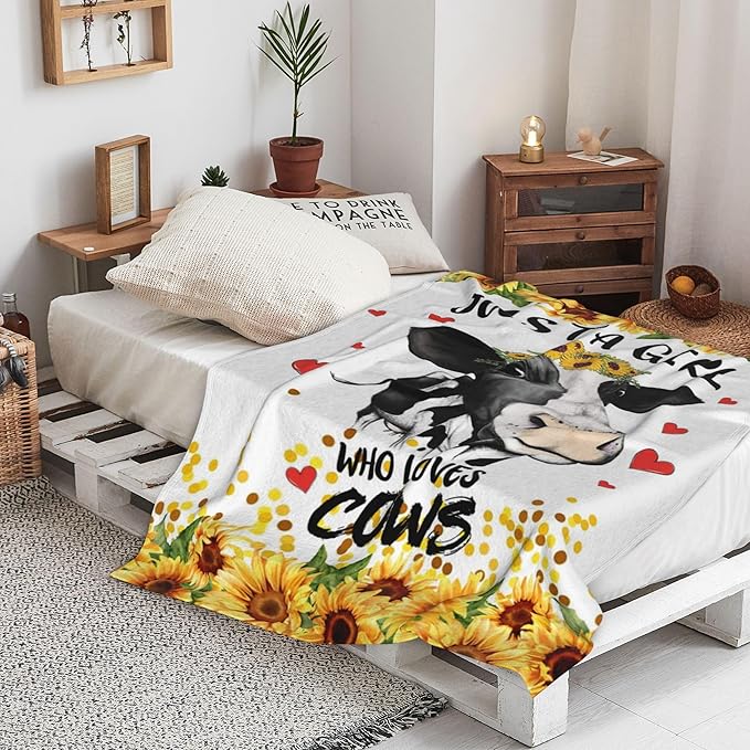 Cow Balnket Sunflower Cow Soft Cozy Flannel Throw Blanket Just a Girl Who Loves Cow Blankets Gifts for Women Kids Adults Teen 80"X 60"