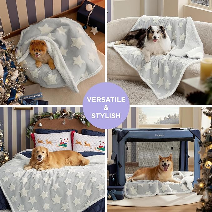 Lesure Waterproof Dog Blanket for Medium Dogs - Washable Double Sided Dog Blankets with Warm Jacquard Shag and Soft Sherpa Fleece, Pet Cat Blanket for Couch Protection, 3D Textured Star, Grey