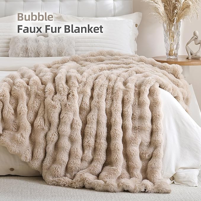 Smoofy Faux Fur Throw Blanket for Couch Rabbit Fleece - Linen Fluffy Blanket for Sofa Bedroom Living Room, Cozy Soft Plush Luxury Thick Winter Fuzzy Comfy Bubble Blanket - 60" x 80"