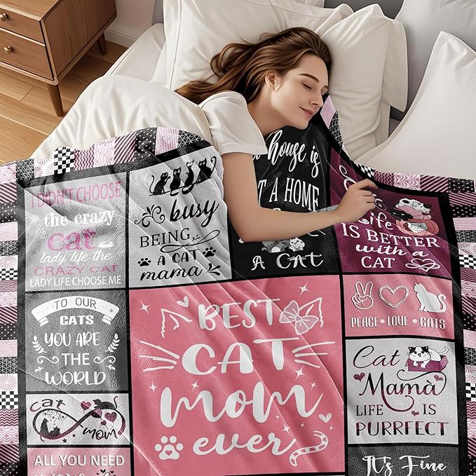 Cat Mom Blanket Gifts for Cat Lover Soft Flannel Throw Blanket Cats Gifts for Women Cats Themed for Decer Couch Bedding 50"x40"