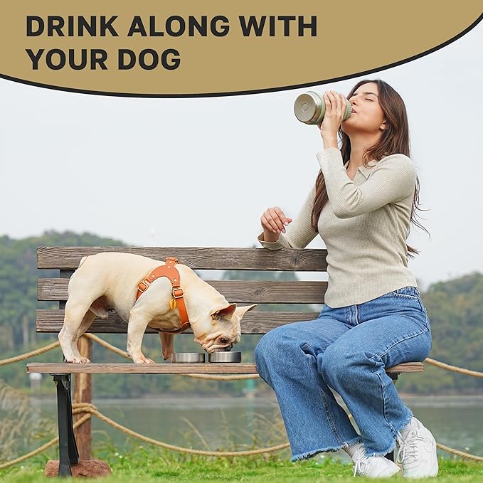 32oz 3-in-1 Portable Travel Water Bottle, Food & Hydration Bottle - Dual Use for Humans & Pets with Detachable Bowls, Stainless Steel, Keeps Water Hot for 6hrs & Cold for 12hrs
