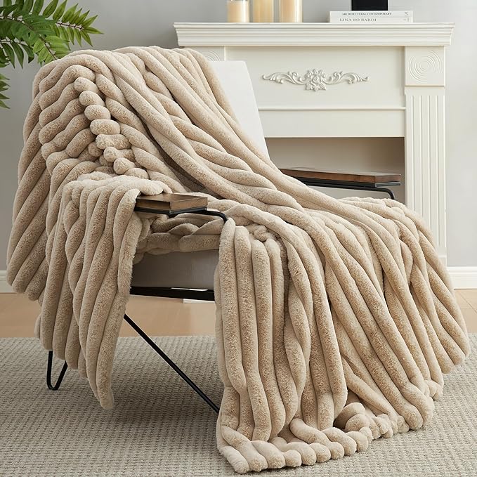 Amélie Home Faux Fur Throw Blanket for Couch, Cozy Fuzzy Fluffy Fur Luxurious Soft Striped Plush Gift Blankets for Family Sofa Chair, 60"x80", Beige