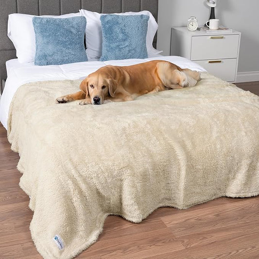 PetAmi Fluffy Waterproof Dog Blanket for Bed Large Dogs, Soft Warm Pet Sherpa Throw Pee Proof Couch Cover, Reversible Cat Blanket Sofa Crate Kennel Protector, Washable Mat Queen (Beige Cream, 90x90)