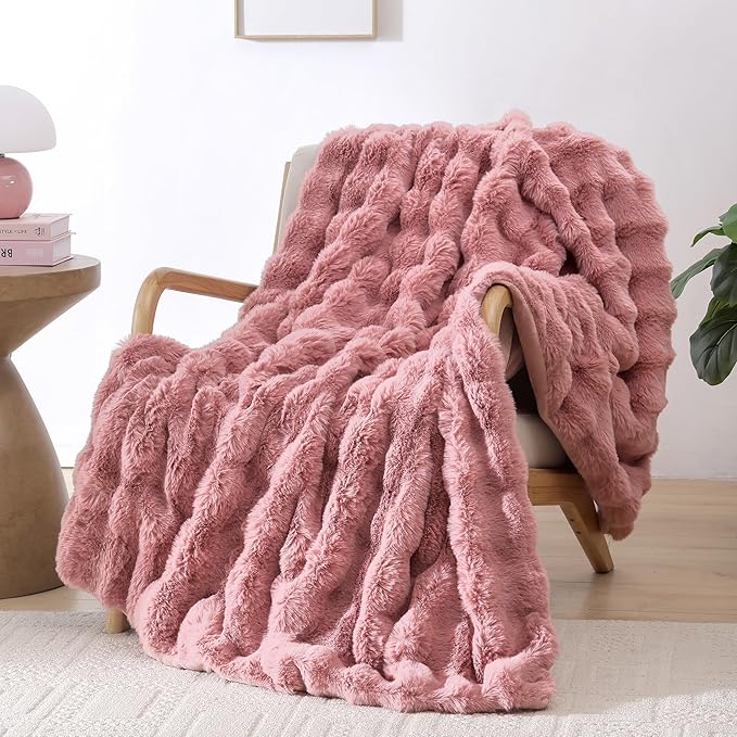 Smoofy Faux Fur Throw Blanket for Couch – Old Pink Fluffy Cozy Rabbit Fleece, Plush Soft Bubble Blanket for Sofa & Bed, for Mom, Warm Fuzzy Home Room Decor Throw 60" x 80"