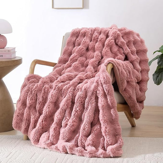 Smoofy Faux Fur Throw Blanket for Couch – Old Pink Fluffy Cozy Rabbit Fleece, Plush Soft Bubble Blanket for Sofa & Bed, for Mom, Warm Fuzzy Home Room Decor Throw 60" x 80"