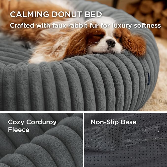 Bedsure Donut Large Dog Bed - Washable Faux Fur with Corduroy Fleece & Anti Slip Bottom, Round Pet Bed with Removable Cover, Warm Grey, 36x36x8 inches