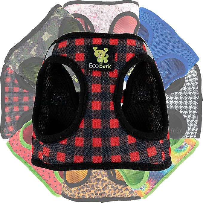 EcoBark Step in Dog Harness - Eco-Friendly Small Breed Dog Harnesses for XXS, XS, and Small Dogs - Reflective and Adjustable Mini Body Halter Vest - Tiny Soft Mesh Toy Breed Harness (Red Plaid, XS)
