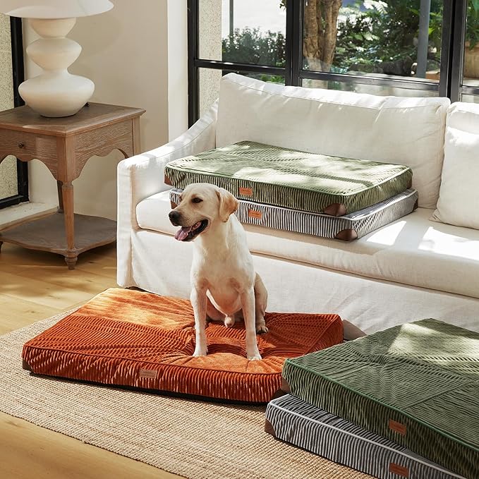 FUKUMARU Dog Bed, Plush Corduroy Orthopedic Dog Beds with Washable Cover, Large Waterproof Dogs Bed for Crate, Egg Crate Foam Support Pet Mat, Cozy Pet Bed Mat with Anti-Slip Bottom, Grey