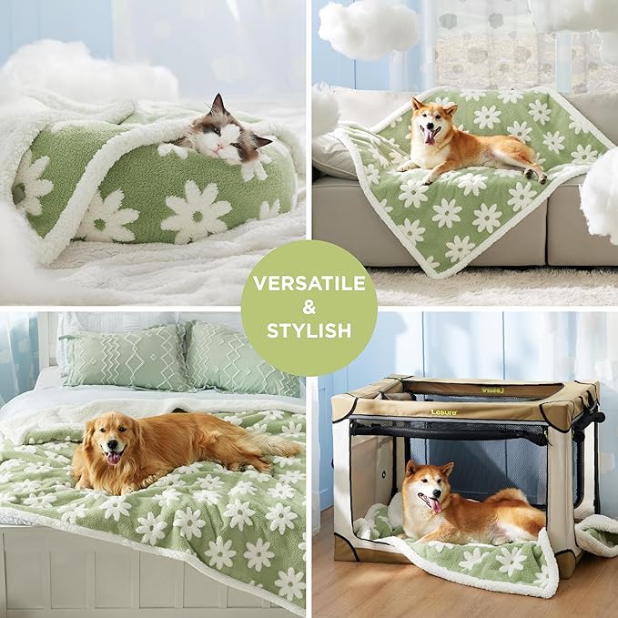 LE SURE Waterproof Dog Blanket for Large Dogs - Washable Double Sided Dog Blankets with Warm Jacquard Shag and Soft Sherpa Fleece, Pet Cat Blanket for Couch Protection, 3D Textured Cloud, Green