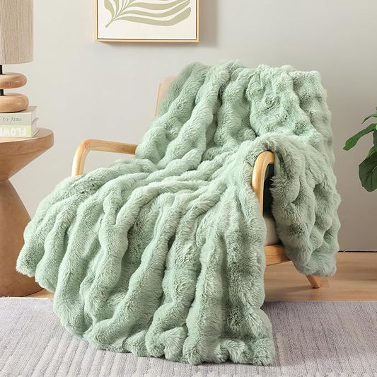 Smoofy Faux Fur Throw Blanket for Couch – Sage Fluffy Cozy Rabbit Fleece, Plush Soft Bubble Blanket for Sofa & Bed, for Mom, Warm Fuzzy Home Room Decor Throw 60" x 80"