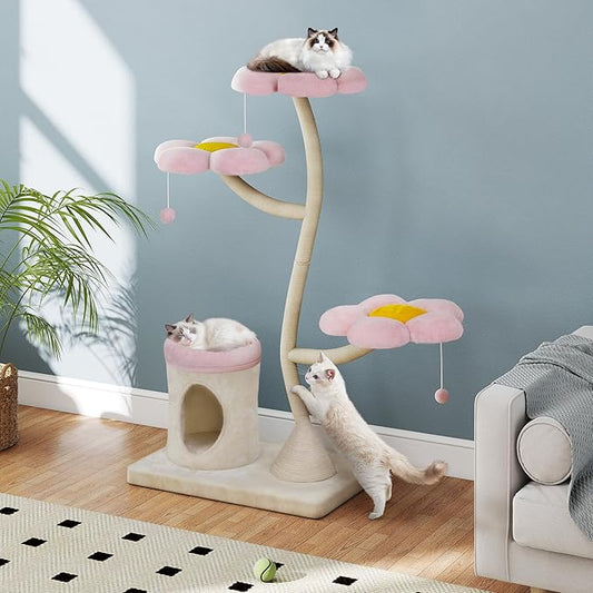 COZIWOW 57'' Modern Cat Tree, Luxury Cat Tree with Condo, Aesthetic Cute Cat Tower Scratching Post with Large Condo, Cat Bed, Side Perch for Multiple Cats