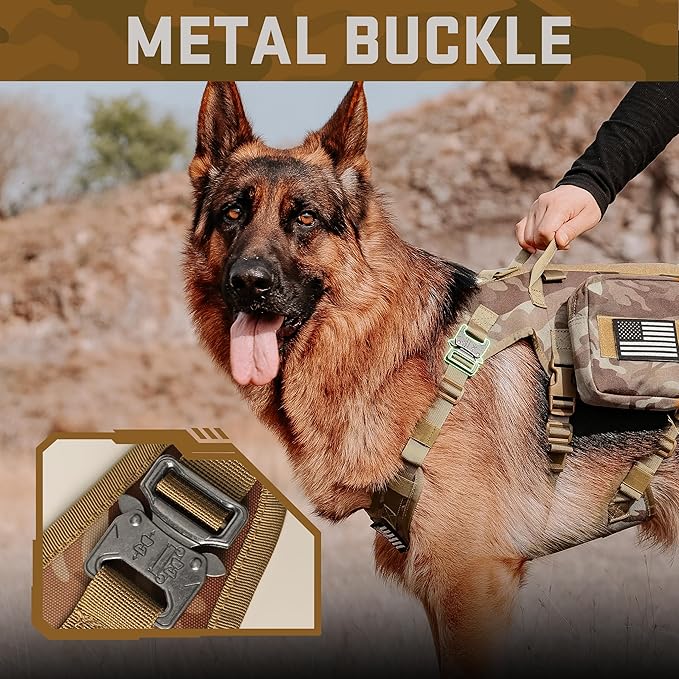 Forestpaw Tactical Dog Harness Tactical Dog Collar with Bungee Leash Set,No Pull Military Dog Harness for Walking Training,Adjustable for Medium Large Dogs,Camouflage Brown,Chest 15.5-25.5"