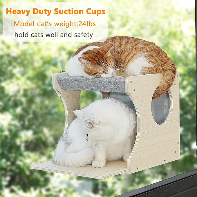 Window Cat Perch Shelves for Inside, Sturdy Wood Climbing Seat Mounted with Heavy Duty Suction Cups, Corner Window Bed for Overlooking and Sleeping(Left)