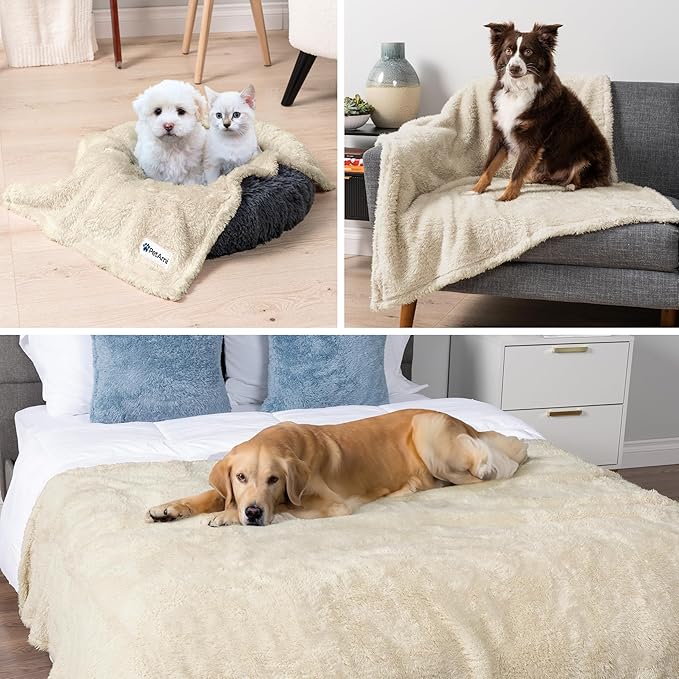 PetAmi Fluffy Waterproof Dog Blanket for Bed Large Dogs, Soft Warm Pet Sherpa Throw Pee Proof Couch Cover, Reversible Cat Blanket Sofa Crate Kennel Protector, Washable Mat (Beige Cream, 60x80)