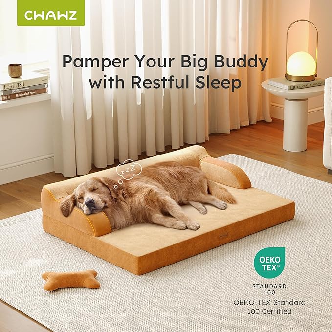 Large Orthopedic Dog Bed, Pet Bed Large Size Dog, Dual-Sided Cooling Beds with Memory Foam Washable Cover Nonslip Bottom, Waterproof Pet Beds with Bolsters, Brown